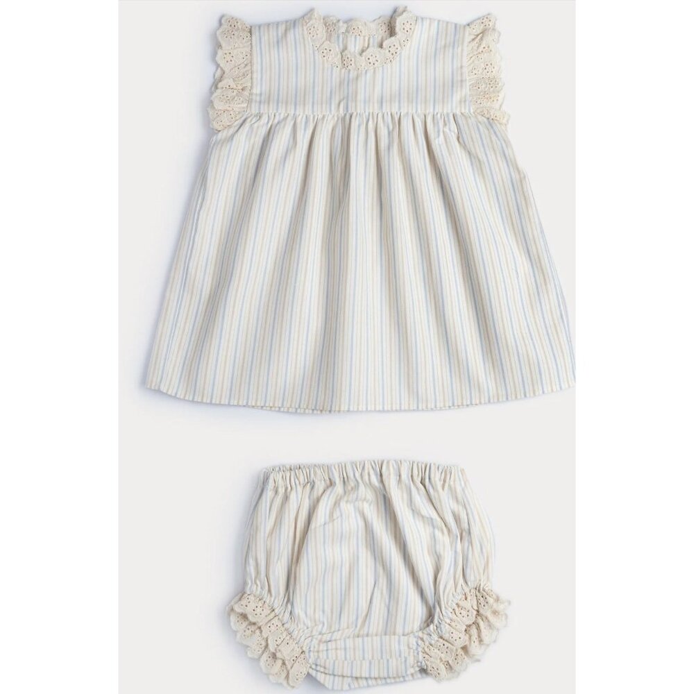 Early Sunday Cherry Frill Striped Baby Dress & Bloomers Set With Lace Details